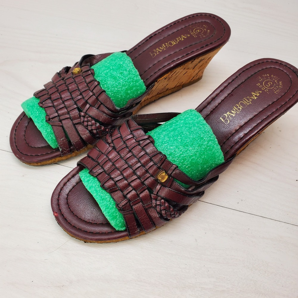 Vintage Bambolinas Burgundy Woven Cork Wedge Sandals Slide Womens 8 90s Vacation